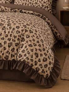 3pcs Skin-Friendly Soft Comfortable Leopard Print Brown Coffee Color Ruffle Edge Duvet Cover Set (1*Duvet Cover + 2*Pillowcases, No Fillers), French Country Style, Lady Style, Girly Style, Suitable For Bedroom, Guest Room, Boy And Girl Bedding, Machine Washable, All Season Use - Coffee Brown - View 4