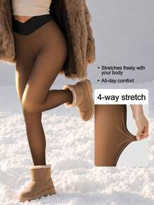 220g Women's Fleece Lined Cropped Length Skinny Leggings, Criss-Cross Waist Design, Comfortable & Fashionable, Suitable For Various Occasions, Multiple Colors Available - Bronze - View 4