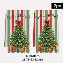 2PCS Kitchen Towels Striped Christmas Tree Print 40*60cm Simple Style Rectangular Microfiber Kitchen Towels, Dish Cloths, Tablecloths, Hand Towels, Christmas Kitchen Decor, Home Decor, Neighbor Housewarming Gift, Perfect For Kitchen And Bathroom Use, Suitable For Housewives And Family Gatherings, High Cost-Performance, Essential Home Product - Multicolor - View 3