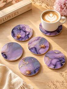 1/6/12pcs Purple Gold Rim Marble Floral Wooden Coasters, Alcohol Ink Abstract Floral Round Drink Coasters, Heat-Resistant Desktop Protection Coasters, Aesthetic Modern Home Kitchen Office Decor, Elegant Housewarming Gift - Purple - View 2