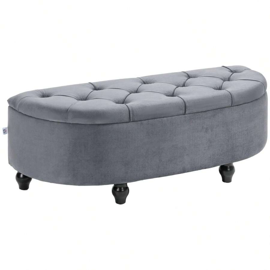 Velvet-Feel Half Circle Storage Ottoman - Dark On-Site - DARK GREY + Rubberwood - View 1