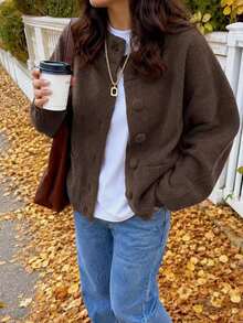 Women's Brown Y2K Style Solid Color Round Neck Single Button Long Sleeve Knit Sweater, Elegant Casual Daily Spring Autumn Winter Top Fall - Brown - View 4
