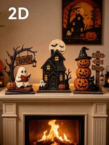 3pcs Vintage Halloween Wooden Indoor Decor, Autumn Decoration, Retro Wooden Blocks, Suitable For Bookshelf Decor, Featuring Ghost, Black Cat, Pumpkin Elements, Ideal Halloween Gift - A - View 3