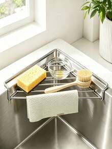 1pc Triangle Sink Corner Storage Rack With Drainer, Metal Sponge Holder, Kitchen Countertop Organizer For Dishcloth, Brush And Daily Items - Multicolor - View 2