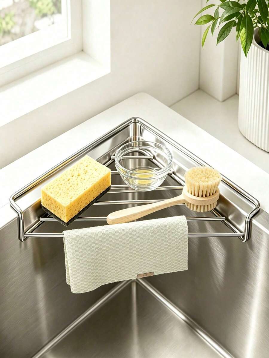 1pc Triangle Sink Corner Storage Rack With Drainer, Metal Sponge Holder, Kitchen Countertop Organizer For Dishcloth, Brush And Daily Items