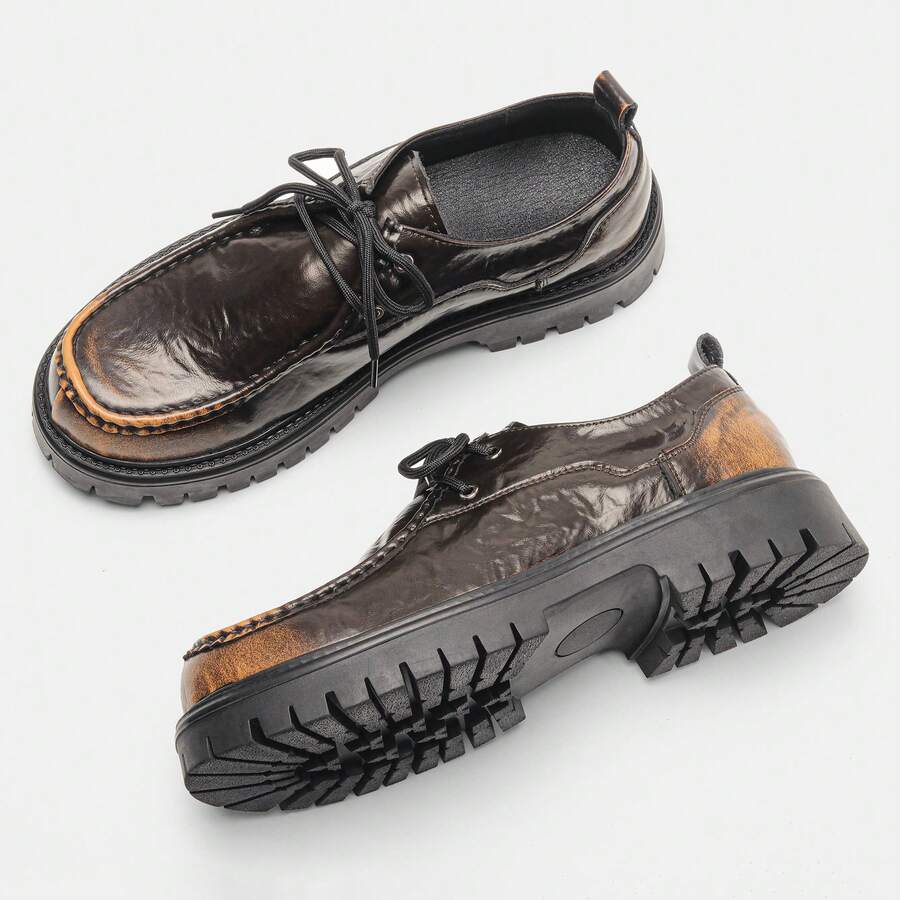 Men's Casual Shoes Distressed Color Wrinkled Vintage Personalized Thick Sole Workwear Loafers - Brown - View 1