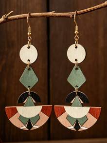 1 Pair Bohemian Multi-Layer Patchwork Geometric Wooden Earrings, Color-Block Fan-Shaped Wooden Slices Vintage Ear Jewelry - Multicolor - View 7