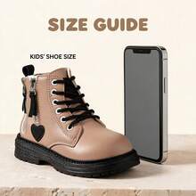 Sepatu bot pendek motif hati untuk anak perempuan yang imut, detail warna pink manis, resleting samping, tali pengikat, sol tebal anti selip, cocok untuk musim gugur/musim dingin. - Khaki - View 4