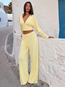 Cardigan With Hidden Buttons V-Neck Top Slim Fit Tie Waist Long Set - Yellow - View 3