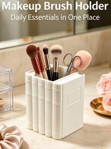 Creative Book-Shaped Makeup Brush Holder, INS Light Luxury Vanity Lipstick & Eyebrow Pencil Storage Box, Office Desk Pen Holder Stationery Organizer, Highly Attractive Desktop Storage - White - View 4