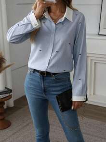 Women's Contrast Color Patchwork Collar Striped Casual Shirt Spring - Baby Blue - View 2