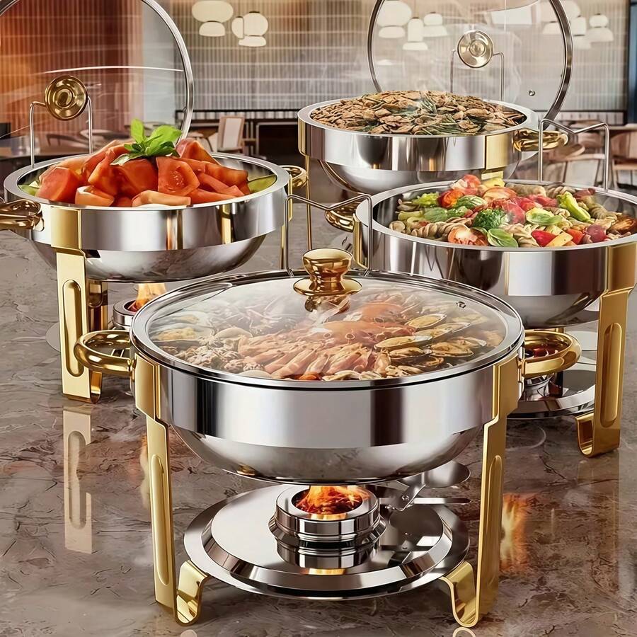 Stainless Steel Buffet Server Set, Fashionable Round Insulated Chafing Dish, Suitable For Banquet Party Restaurant, Commercial Insulated Food Warmer,