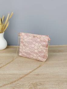 1pc Women's Floral Lace Square Crossbody Bag With Faux Pearl Cat Charm & Gold Chain Strap, Romantic Shoulder Purse For Party - White - View 9