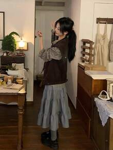 British Style Corduroy Vest Women's Autumn Double-Breasted Layering Waistcoat College Style Slimming Versatile Top - Brown - View 8