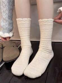 4Pairs Women's Vintage Rhombus Textured Ruffle Socks, Knit Mid-Calf Socks For Daily Wear - Multicolor - View 6