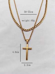 2pcs/Set Vintage Stainless Steel Gold-Plated Chain & Twisted Rope Chain Cross Necklace, Unisex, Daily Wear, Holiday Wear, Niche Luxury, Fashionable Versatile - Yellow Gold - View 7