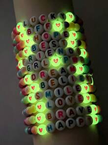 12Pcs Kids Glow‑In‑The‑Dark Letter Beaded Bracelet Set, Random Color, Meaningful Colorful Letter Jewelry, Perfect Birthday Gift For Children Girls - Multicolor - View 7