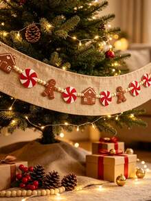 1 Set Gingerbread Man And Peppermint Candy Felt Garland, Gingerbread Man Wooden Bead Design, For Christmas Home Wall Decor, Winter Theme Party Hanging Scene Decoration, Fireplace Home Decor - Multicolor - View 7