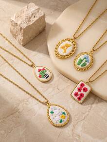 1 Pc 304 Stainless Steel Fall Decor Embroidery Flower Pendant Necklace Vintage Handmade Floral Textured Charm Twisted Chain Fall Style Jewelry Women - Necklace - View 2