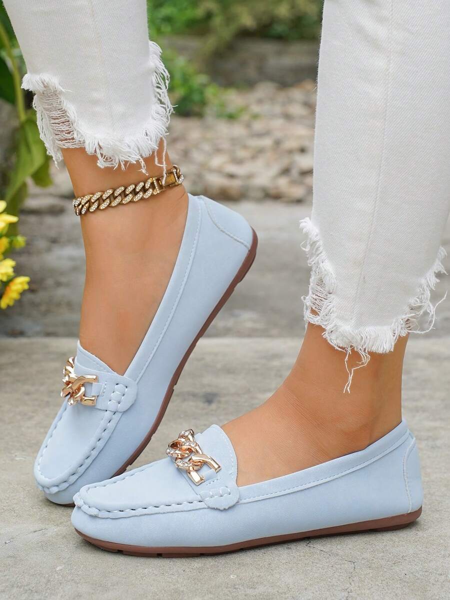 Women's Spring New Gold Chain Elegant Slip-On Loafers, Lightweight Comfortable Versatile Rubber Flat Shoes - Light Blue-chain - View 1