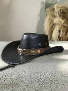 1pc Men's Vintage Faux Leather Fedora Hat With Bull Head Decoration, Wide Brim Sun Hat For Outdoor Travel And Horse Riding - Distressed Style - View 7