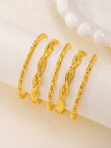 5pcs Classic Arabic Style 21K Gold Plated Leaf Pattern Engraved Twisted Rope Detail Stackable Women's Bracelets, Suitable For Daily Wear And Celebration Occasions - SZ-1 - View 2