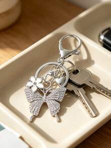 Full Rhinestone Butterfly And Flower Shaped Keychain, Fashion Pendant, Home Decor, Car Decor, Earphone Charm, Bag Accessory, Perfect Gift For Family And Friends, Valentine's Day Gift, Birthday Gift, Party Gift, Anniversary Gift, Mother's Day Gift - Multicolor - View 1