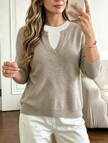 Plus Size Casual Fashion 2 In 1 Patchwork Crew Neck Contrast Color Long Sleeve Knit Pullover Sweater - Khaki - View 7