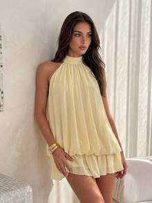 Gaun Mini Chiffon Tanpa Punggung dengan Leher Halter dan Lapisan Celana Pendek Terintegrasi, Hem Berumbai, Cocok untuk Liburan Pantai, Liburan, Jalan-jalan, dan Pesta Musim Panas, Gaya Elegan - Kuning - View 5