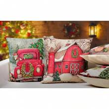 4PCS Christmas Decorative Pillow Cover, Red Snowflake And Christmas Tree Printed Cushion Cover, Farmhouse Style Suitable For Home Sofa And Living Room, Home Decor / Autumn Decoration / Room Decoration, Single-Sided Print, Pillow Insert Not Included - Red - View 6