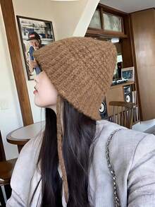 Japanese Style Knitted Knitted Ear-Protective Beanie Hat For Women, Autumn/Winter Retro Drawstring Slouchy Hat, Soft Warm Windproof Cold Weather Cap, Face-Slimming Minimalist Pullover Hat - Multicolor - View 6