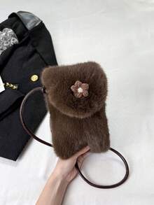 1pc Vintage Plush Flower Phone Bag For Women, Autumn/Winter Small Versatile Flap One Shoulder Crossbody Bag, Suitable For Travel, Vacation, Daily Shopping, Gift For Mom - Coffee - View 9