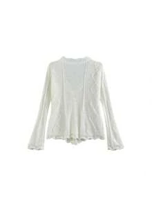 Women's White Hollow Mohair Cover Up, Old Money Style, Lazy Autumn/Winter High-End Fitted Sweater Jacket - White - View 3