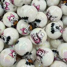 10pcs 16mm Rainbow White Ghost Print Acrylic Round Beads, Random Mixed Color Pink Bow Halloween Perforated Beads, Suitable For Pens, Bracelets, Jewelry Crafts - Random Color Mixing - View 5