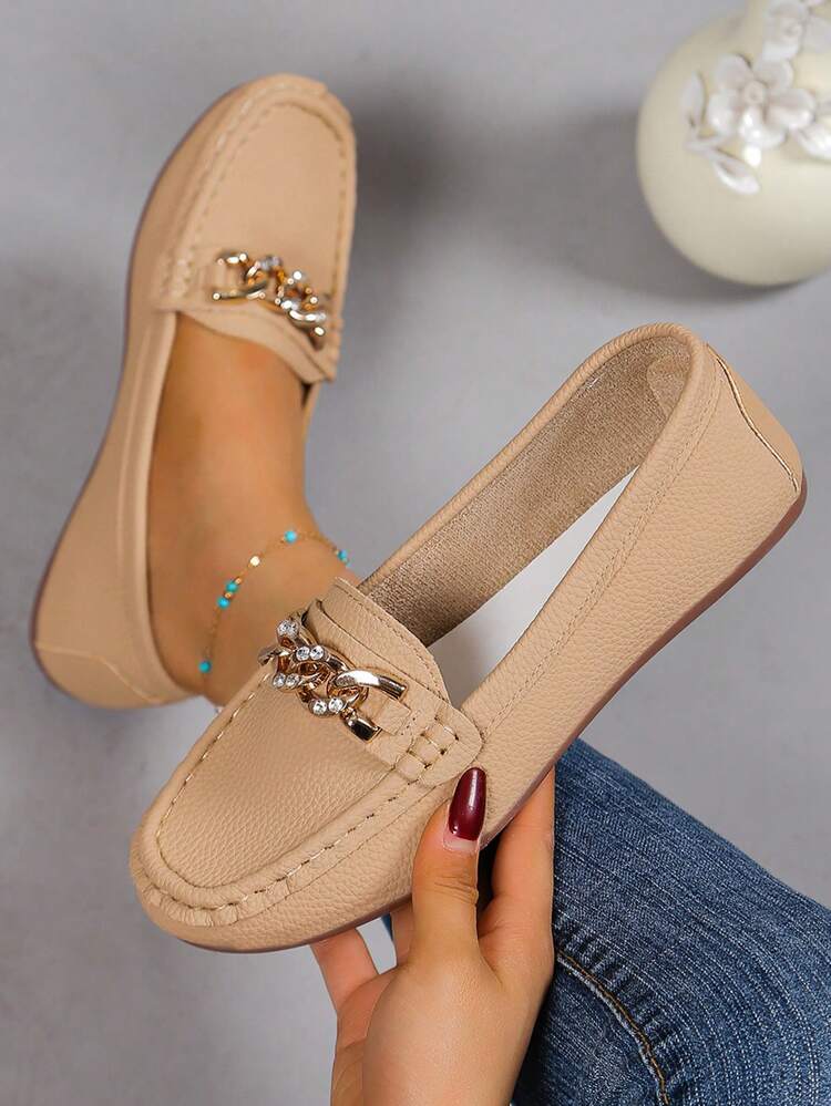 Women's Spring New Arrival Gold Chain Elegant Slip-On Loafers, Lightweight, Comfortable, Versatile Rubber Flat Shoes - Khaki - View 2