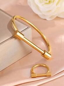 rakol 2pcs/Set Gold Tone Lock Bangle Bracelet And Ring Set For Women Minimalist Jewelry Stackable Ring Matching Set Elegant Fashion Gift - Multicolor - View 6