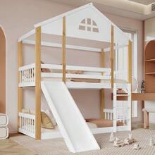 [31116667WAA] Bunk Bed With Characteristic Windows And Three-Step Corner Ladder, Kids' Bed With Slide, House Bed With Fences And Safety Rails, Solid Wood Bed Frame, White+Natural, 90x200cm - White+Natural + Solid Wood+MDF + 90cm*200cm - View 3