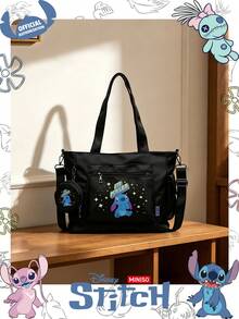 Miniso 迪士尼 Stitch 與 Malia 文字星形卡通印花托特包 2 件組附零錢包，適合工作、旅行、購物與日常使用 - 黑色 - 查看 3