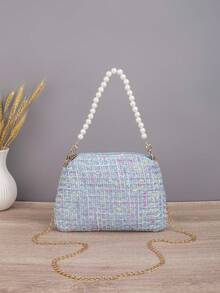 1pc Women's Pastel Tweed Evening Bag With Pearl Top Handle & Detachable Chain Strap, Elegant Mini Handbag For Party, Wedding & Date - White - View 11