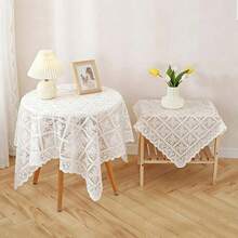 1pc Floral Pattern Lace Tablecloth, Bohemian Hollow Elegant Palace Style Polyester Dining Sofa Piano Decorative Tablecloth, Multiple Sizes Available - White - View 1