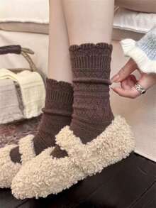 4Pairs Women's Vintage Rhombus Textured Ruffle Socks, Knit Mid-Calf Socks For Daily Wear - Multicolor - View 5