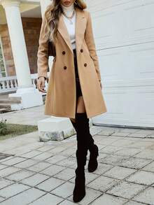 Xana Solid Color Double-Breasted Side Pocket Suit Lapel Long-Sleeved Mid-Length Straight Woolen Coat Autumn And Winter Workplace Commuter Style Casual - Khaki - View 4