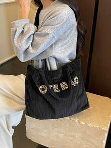 休閒簡約日常百搭手提包，人造皮革裝飾時尚斜挎包，適合上班通勤與購物 - 黑色 - 查看 2