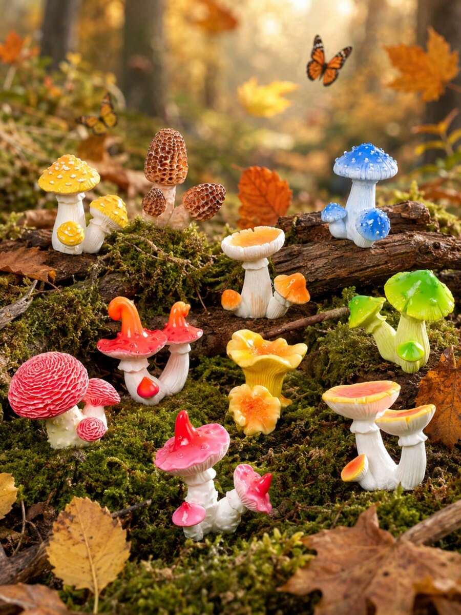 24pcs Colorful Mushroom Garden Decor, Mushroom Fairy Garden Decorations, Suitable For Flower Pots, Planters, Flower Beds And Woodland Landscape Display - A - View 1