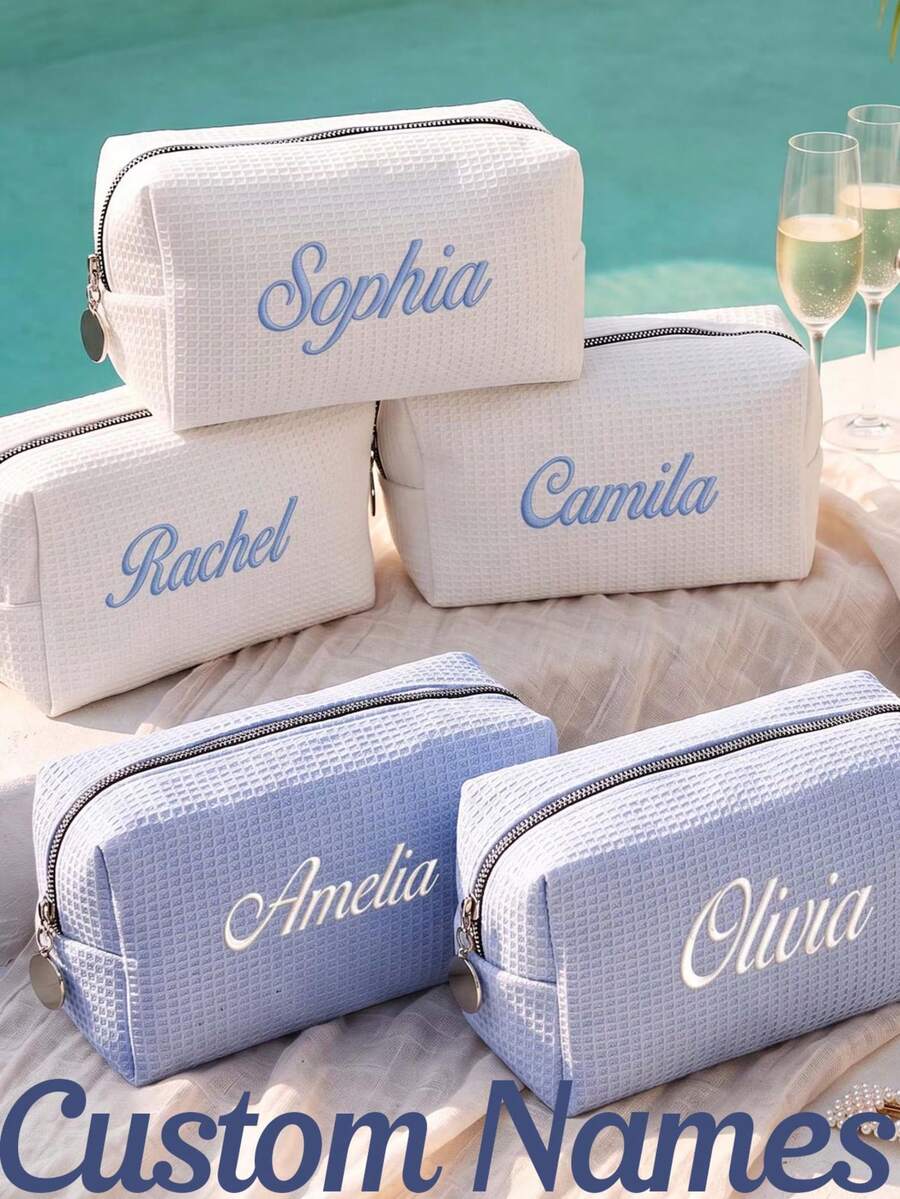 Personalized Embroidered Waffle Makeup Bag, Letter Embroidered Cosmetic Storage Bag, Bridesmaid Gift, Customized Name Toiletry Bag, Bridal Shower Gift, White Waffle Storage Bag