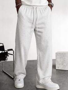 1pc Men's Gray Drawstring Wide Leg Sweatpants, Soft Skin-Friendly Knitted Fabric, Comfortable And Soft, Elastic Drawstring Waist Fits Various Waist Sizes, Machine Washable, Lazy Casual Style For Home, Daily Commute, Streetwear - Light Grey - View 10