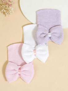 YIYIQCSJ 1pc Baby Newborn Hat Set Striped Pattern Bowknot Decor Cute Brimless Soft Hat Suitable For Baby Girls Boys 0-3 Months - Multicolor - View 4