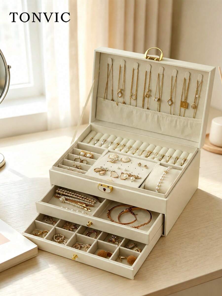 TONVIC 1pc Large Capacity Jewelry Storage Box, PU Leather Material, Drawer Design With Lock, Multiple Styles Available, Suitable For Necklaces, Earrings, Bracelets, Rings, Watches And Other Jewelry Accessories. Holiday Gift Choice. Women's Storage Organizer, Travel Essential, Back To School Dorm Storage Helper. - Multicolor - View 1
