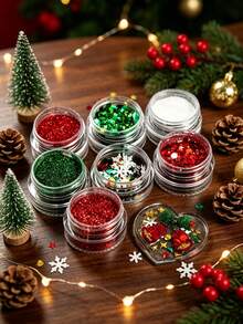 6 Grids/Set Christmas Themed Glitter Sequins, Red Green White Snowflake Chunky Glitter Fillers For Resin DIY Craft Nail Art Decor - View 4