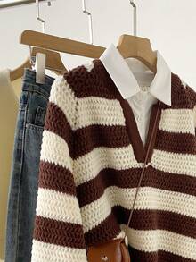 Women's Preppy Striped V-Neck Pullover Sweater, Long Sleeve Casual Wool Knit Top, Perfect Choice For Autumn Outfit - Coffee Brown - View 2